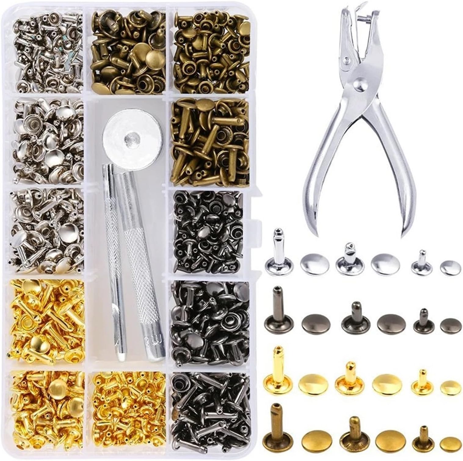 Leder Nieten Set,180 Set Metallniete Doppelkappe mit Nietenzange