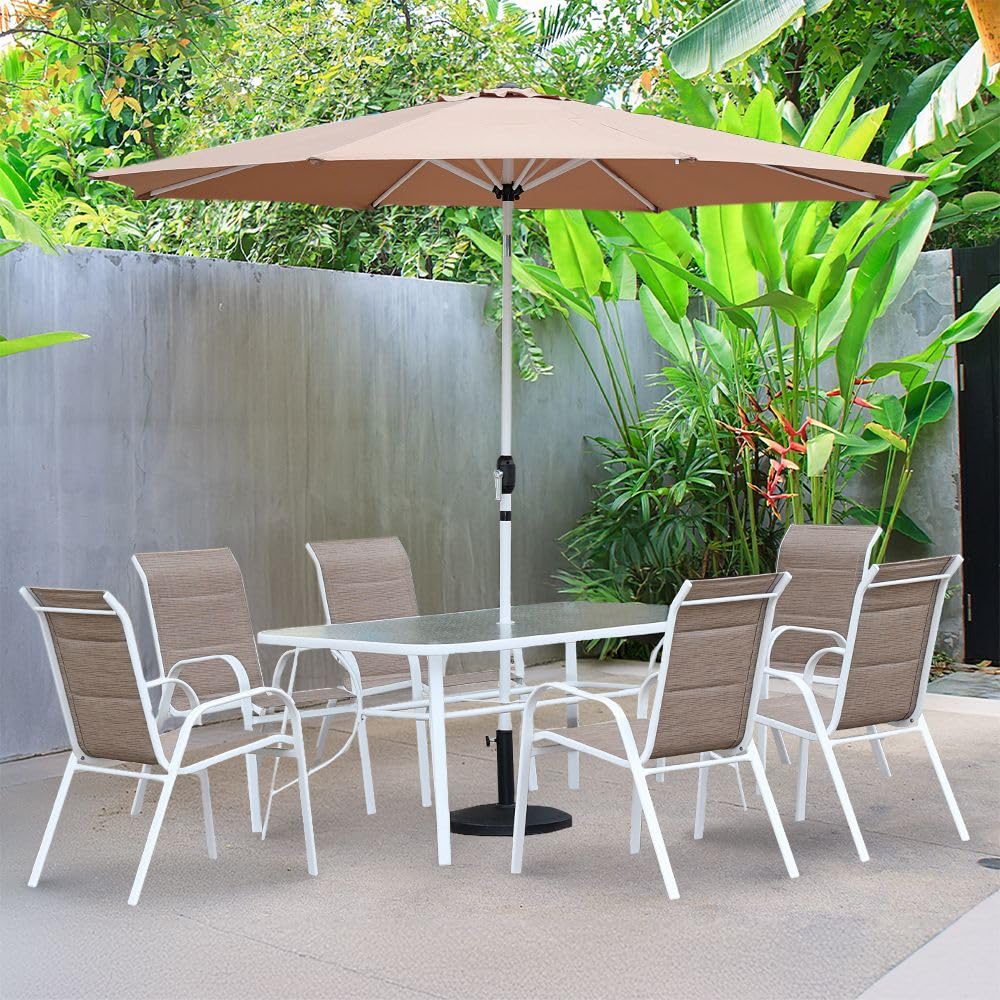 Eve 7-Piece Outdoor Dining Set | Water-Resistant Garden Patio Dining Sets | 6-Seater All Weather Steel/Tempered Glass Patio Modern Outdoor Furniture Set For Lawn Garden Yard - Light Brown