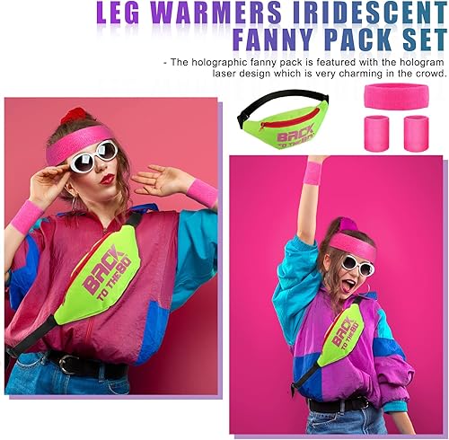 Miniatura 6 de SATINIOR Juego de calentadores de piernas de neón de los años 80 para mujer, cangurera holográfica, calentadores de piernas de punto, muñequeras