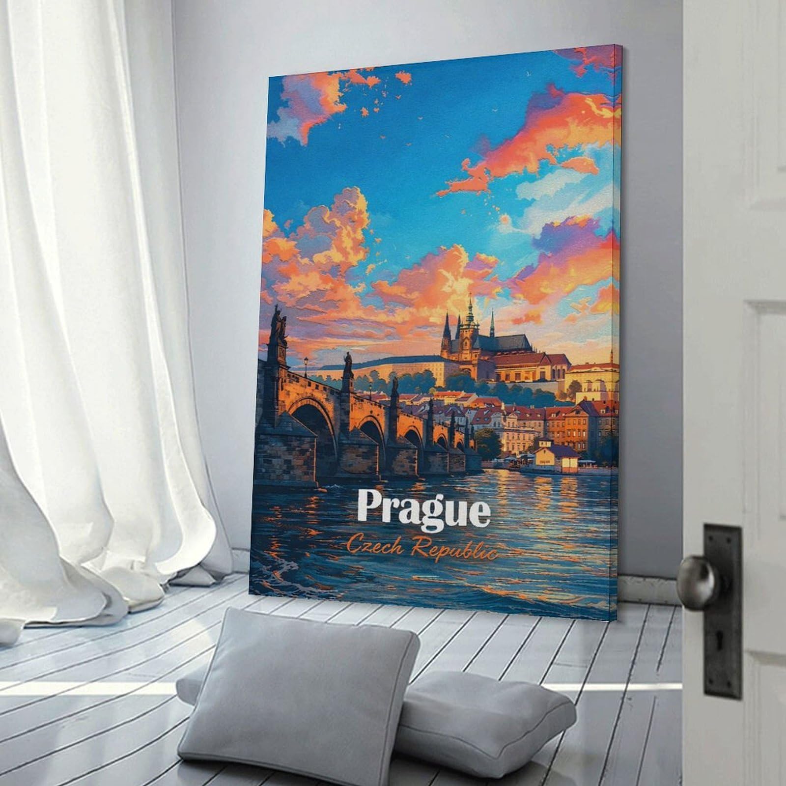 Junmoney Prague Czech Republic Cityscape Painting Home Decor Wall Art, 24x36inch(60x90cm), for Bedroom, Lounge Or Dressing Area, Canvas Wall Decor for Personal Spaces