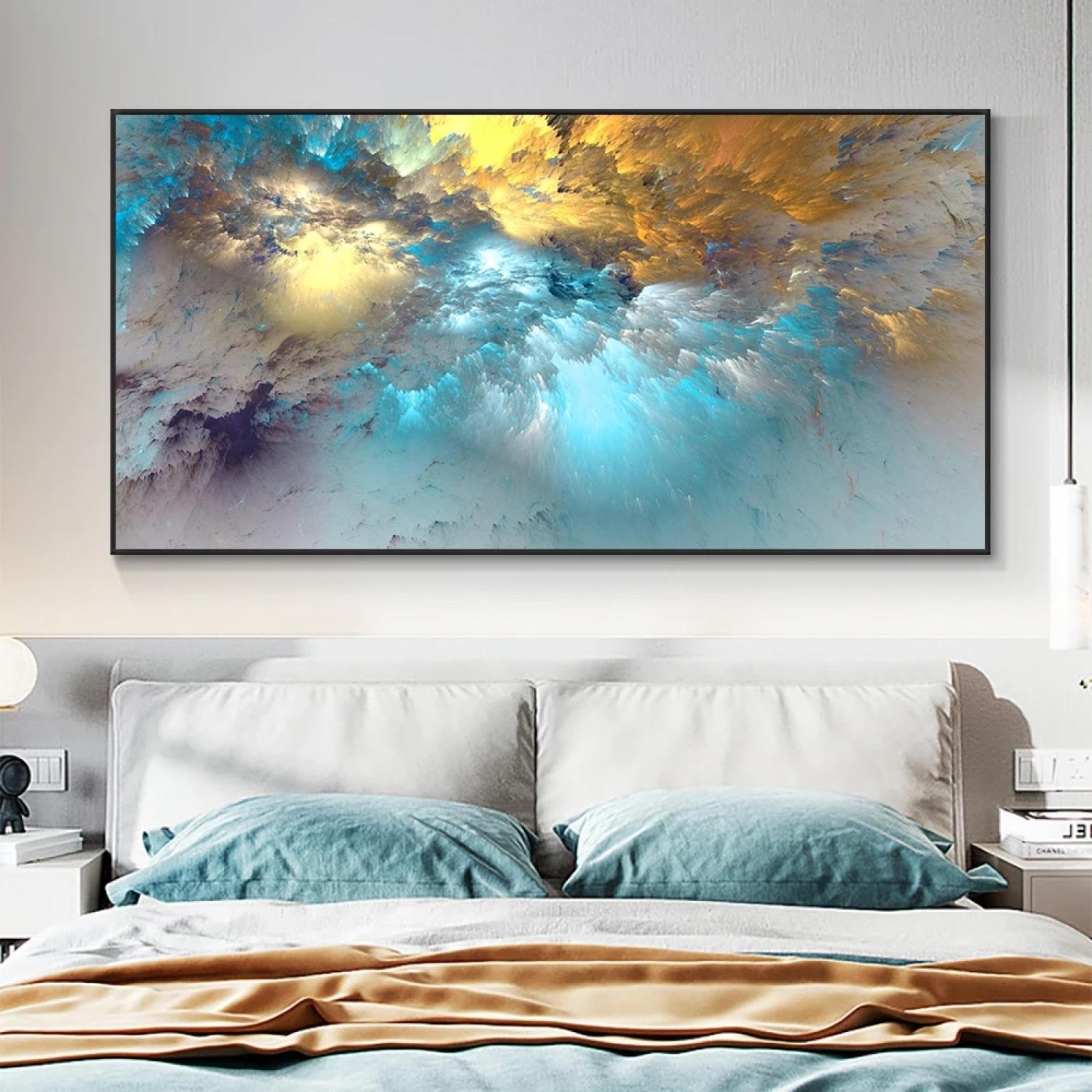 Nuage bleu doré peintures d'art abstrait affiches et impressions toile art moderne tableau mural indépendant pour la décoration de salon 70x140 cm (28x55 pouces) avec cadre