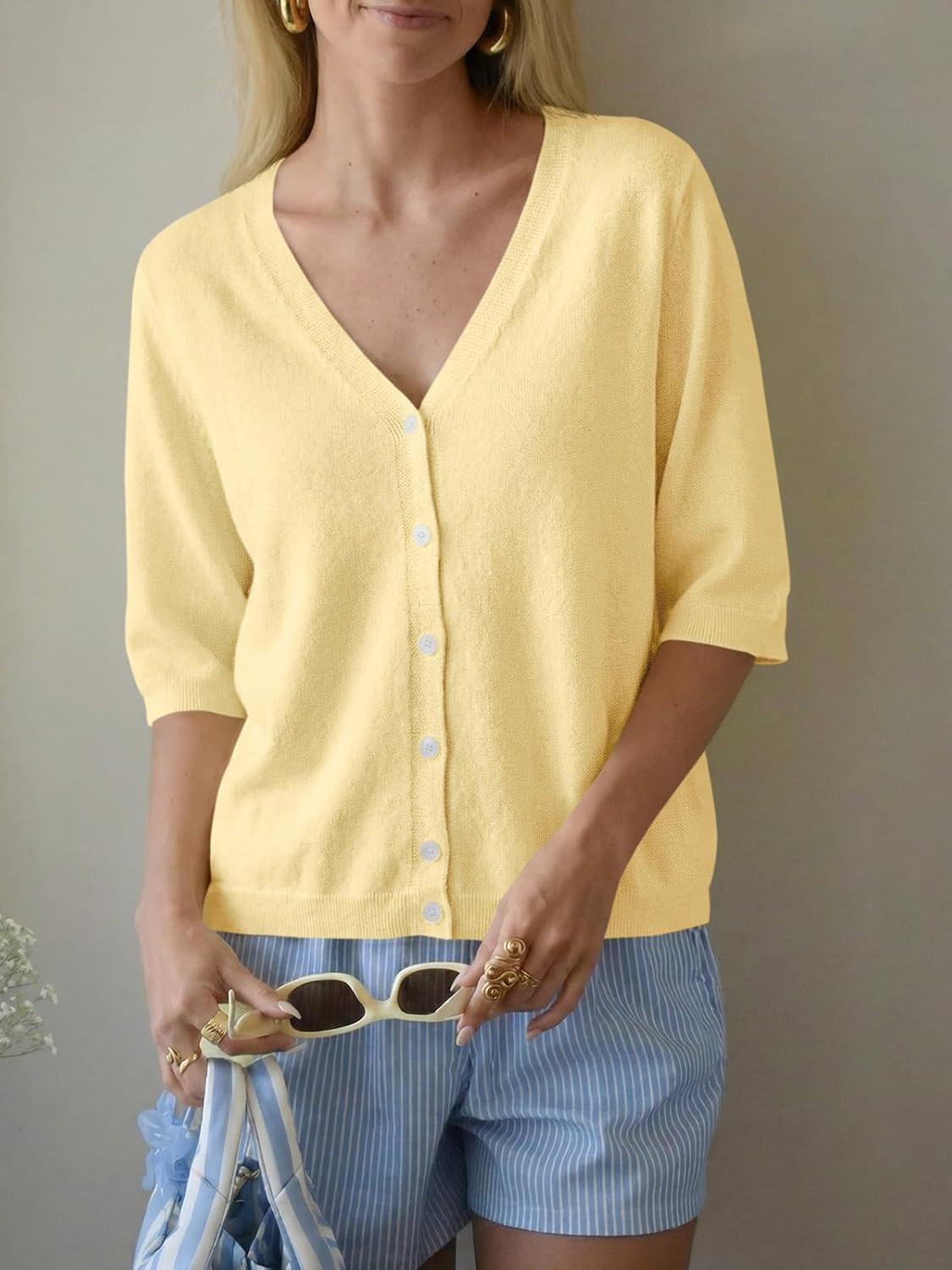 Saodimallsu Womens Half Short Sleeve Cardigans Summer Lightweight Knit V Neck Button Down Casual Sweater Tops - Image 3