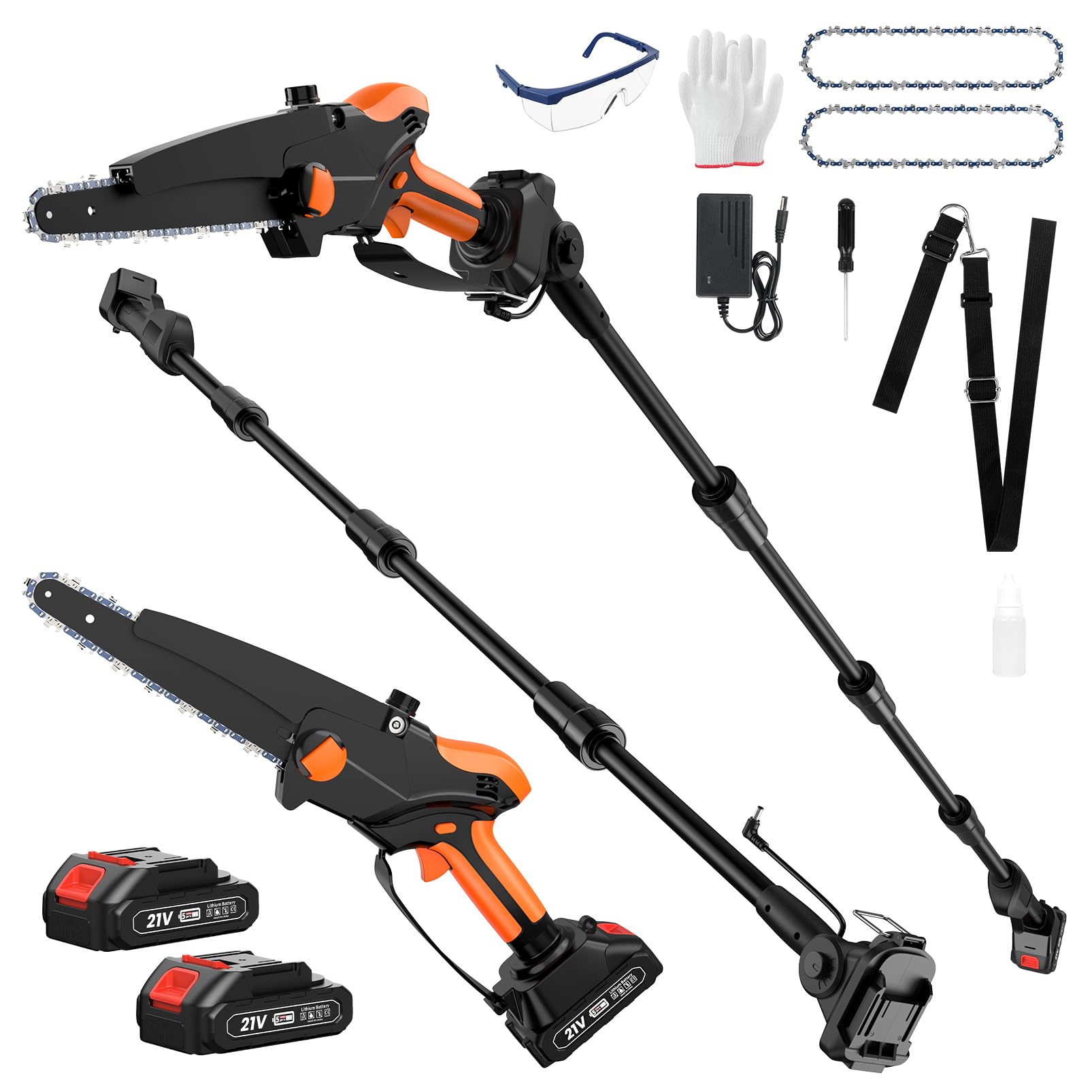 2 IN 1 8" Mini Chainsaw &amp; Pole Saw Battery Powered with 2 x 21V Batteries