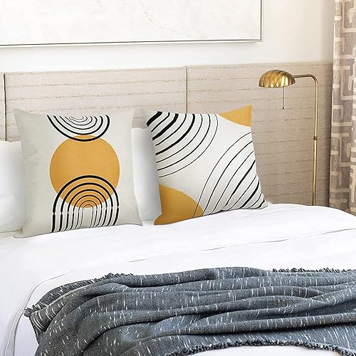 Miniatura 6 de Juego de 4 fundas de almohada de 18 x 18 pulgadas, patrón abstracto amarillo de mediados de siglo, moderno, simple, geométrico, círculo, rayas
