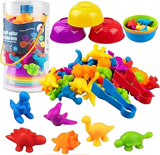 Counting Dinosaurs Set Rainbow, 56 Pieces Colour Sorting Toys for Toddlers Educational Learning, Counting Dinosaurs with Sorting Bowls and Tweezers, Montessori Toys for 3+ Years Old Boys Girls
