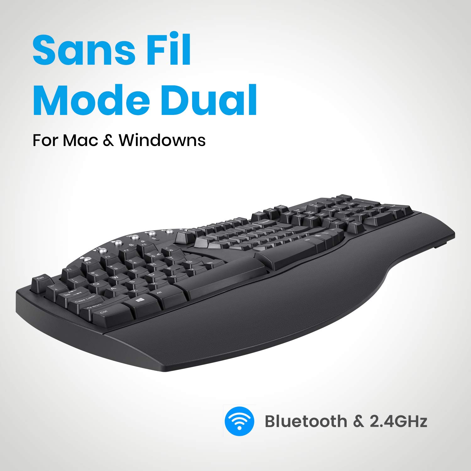 Perixx PERIBOARD-612, gran teclado ergonómico inalámbrico, conexión de 2,4 GHz y Bluetooth 4.0 para Windows y Mac – negro, AZERTY