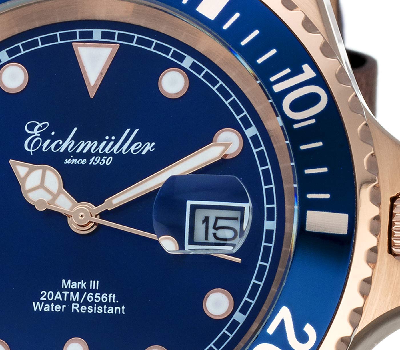 Eichmüller Reloj de hombre de Buzo marrón con lupa, indicador de fecha y bisel giratorio 20 ATM, Correa