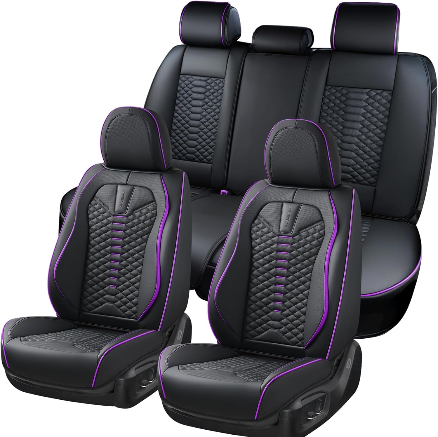 Coverado Leather Seat Covers, Car Seat Covers Full Set, Nappa Leather Seat Covers for Cars, Car Seat Protectors Waterproof, 5 Seats Black&Purple Automotive Seat Covers Fit for Most Cars Trucks