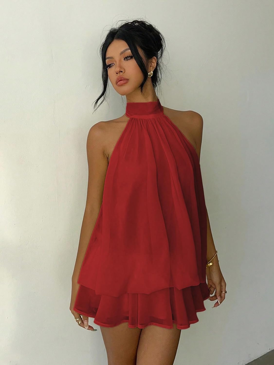 Narecte Womens Summer Dresses Halter Tie Mini Dress with Built-in Shorts, Chiffon Elegant Backless A-Line Sundress - Image 6