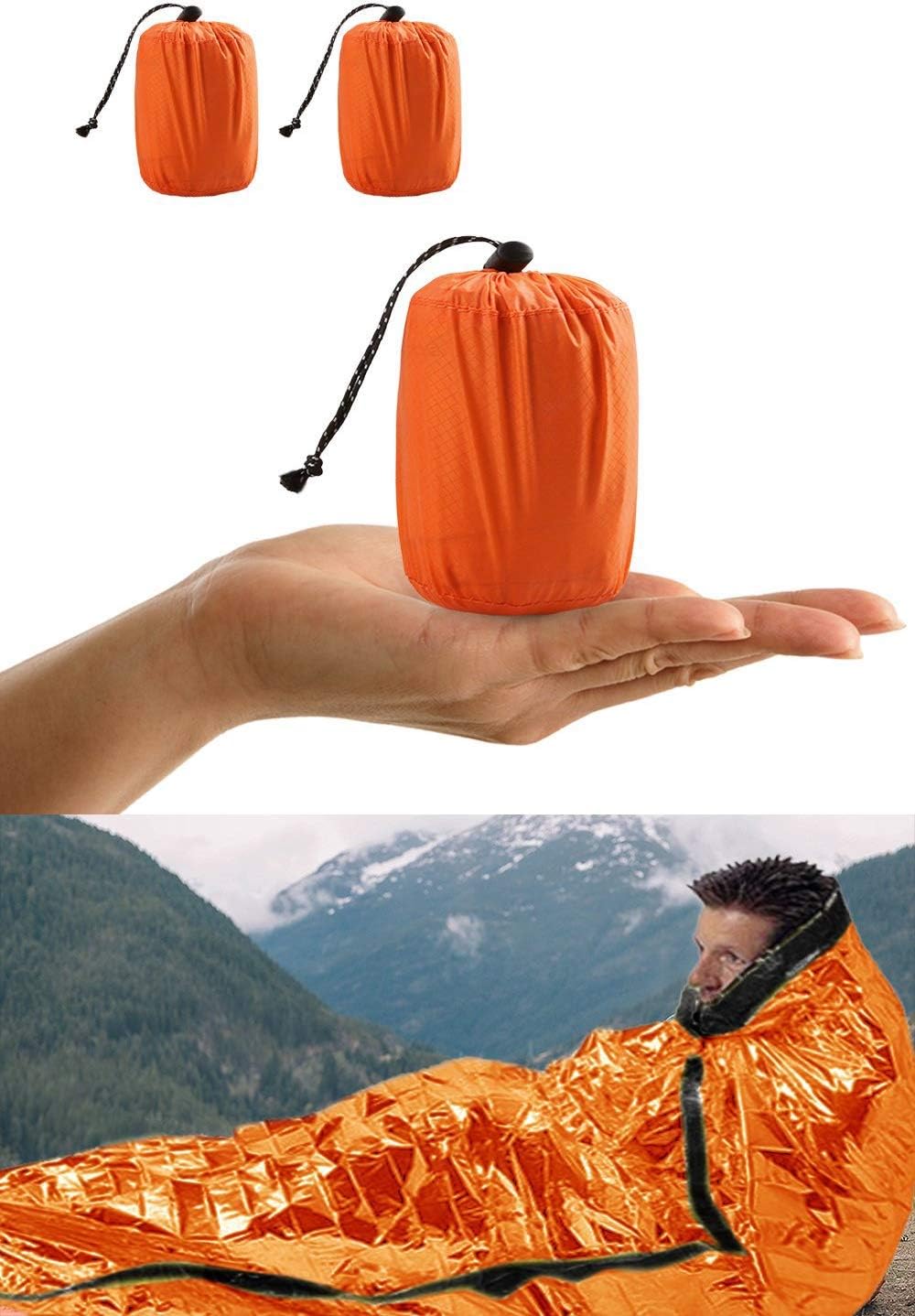 Emergency Sleeping Bag, 2PCS Lightweight Emergency Bivy Sack Survival Compact Survival Sleeping Bag Waterproof Thermal Emergency Blanket Multi-use Survival Gear for Outdoor, Hiking, Camping
