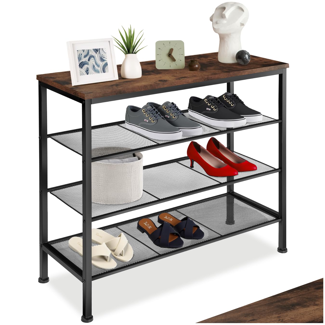 tectake 800955 Schuhregal schmal mit Ablagefläche, Schuhablage aus Holz Metall, Industrie-Design, 4 Ebenen mit 3 Gitterablagen, 80,5 x 30,5 x 72,5cm, schwarzes Metallgestell (Dunkelbraun | Nr. 404293)