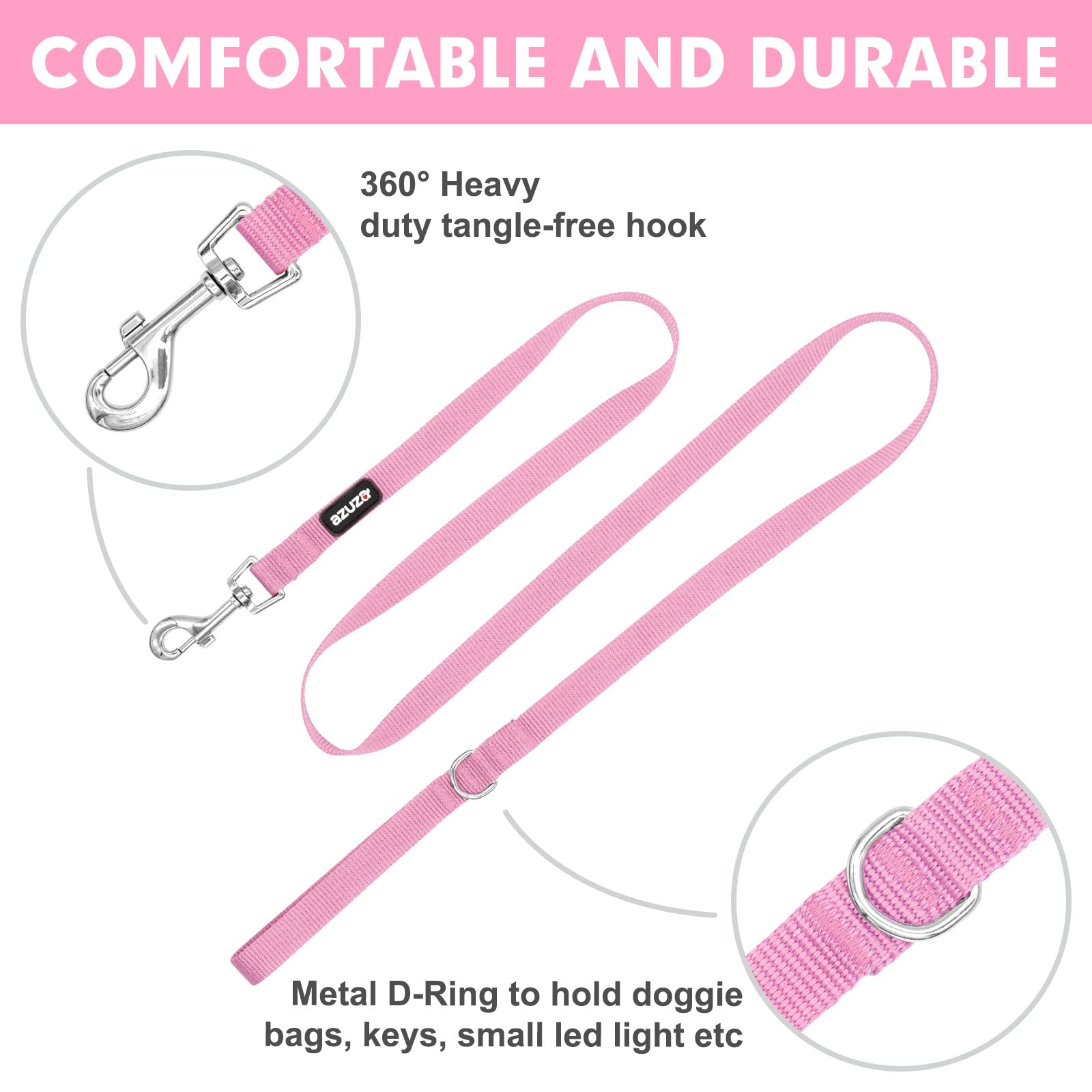 azuza Nylon Dog Collar and Leash Set, Strong & Durable Basic Style Leash and Collar with ID Tag Ring, Available in Multiple Lengths for Medium Dogs, Pink,M