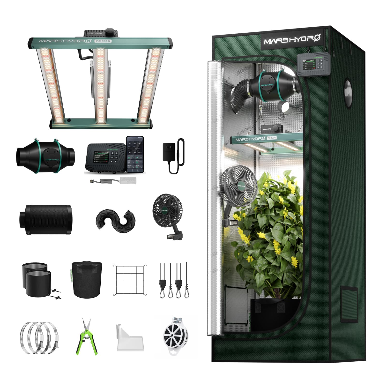 MARS HYDRO Smart Kit complet de tente de culture Pro 60 x 60 x 160 cm pour culture en intérieur | 150 W FC1500 APP Lampe LED à spectre complet 2000D haute réflectivité Grow Tent Kit de ventilation automatique avec iControl