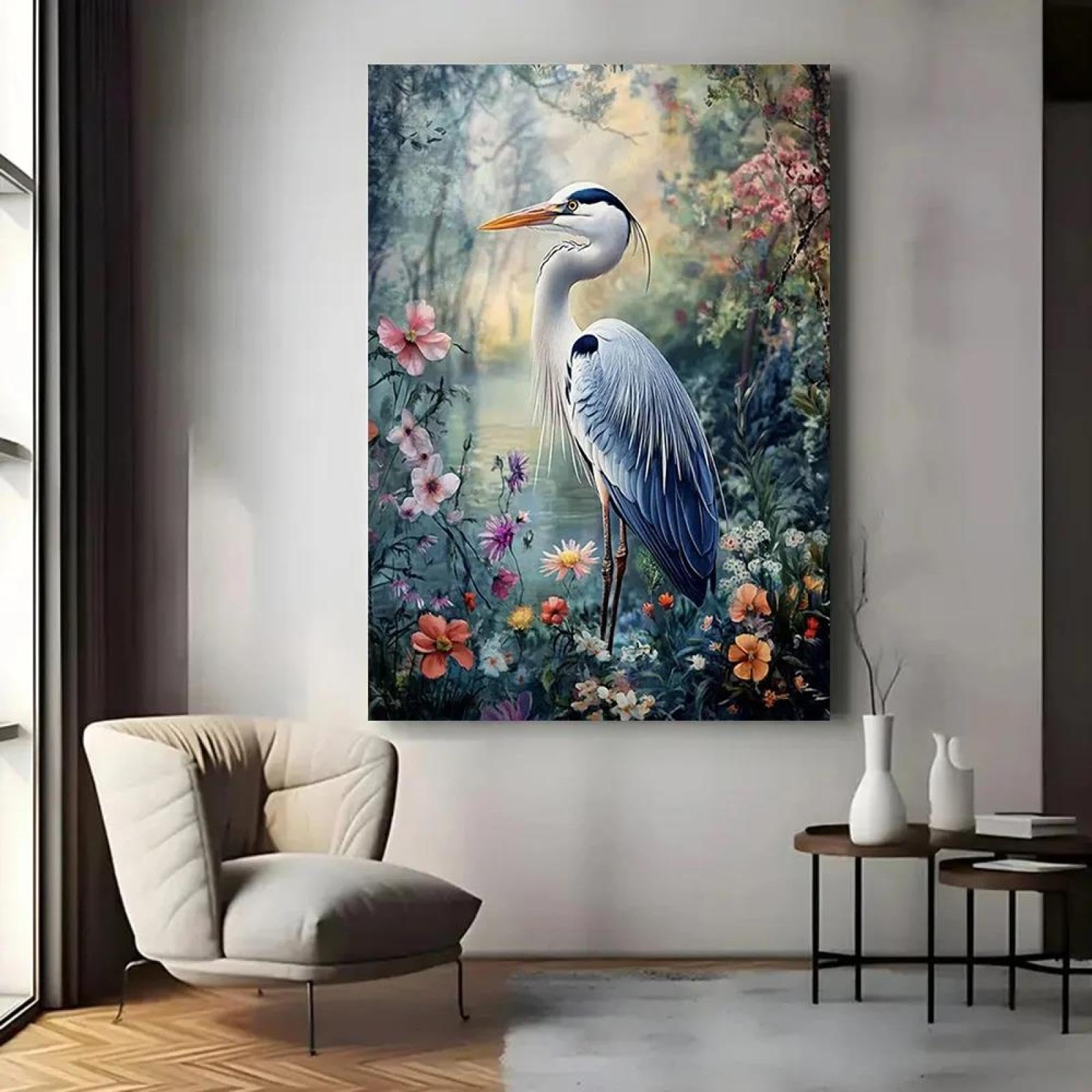 Yocheng White Heron Poster And Prints Flowers Grass And Water Scenery Canvas Painting Wall Art Picture For LivingRoom Home Decor 40x50cm No Frame