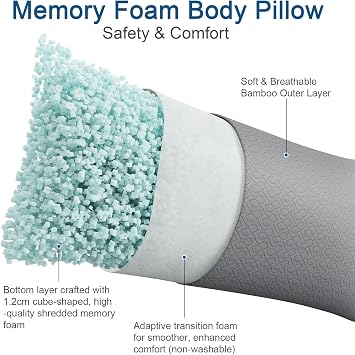 Rainmr Extra Long Body Pillow Memory Foam 180x50cm Firm King Size Body Pillows for Adults with Gray Cooling Cover 20 x 70 inches