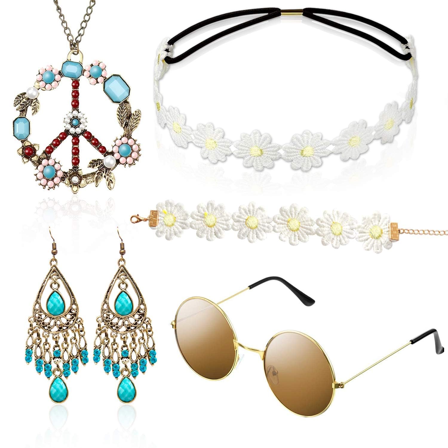 Alintor Hippie Accessoires für Schlagermove Outfit Damen, Flower Power Zubehör für Hippie Kostüm, 60er 70er Jahre Bekleidung, Peace Kette, Brille