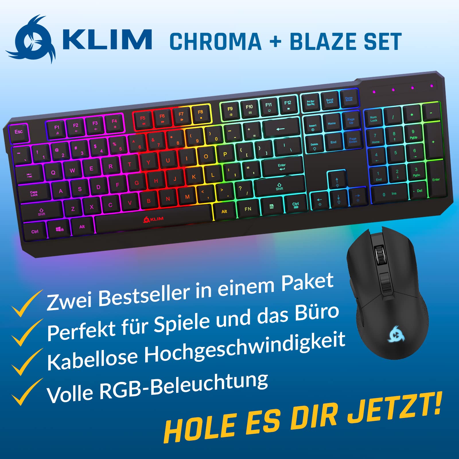 KLIM Blaze & Chroma - NEU - Tastatur Maus Set Kabellos QWERTZ- Flach, Ergonomisch - Maustastatur für PC, Eingebauter, langlebiger Akku