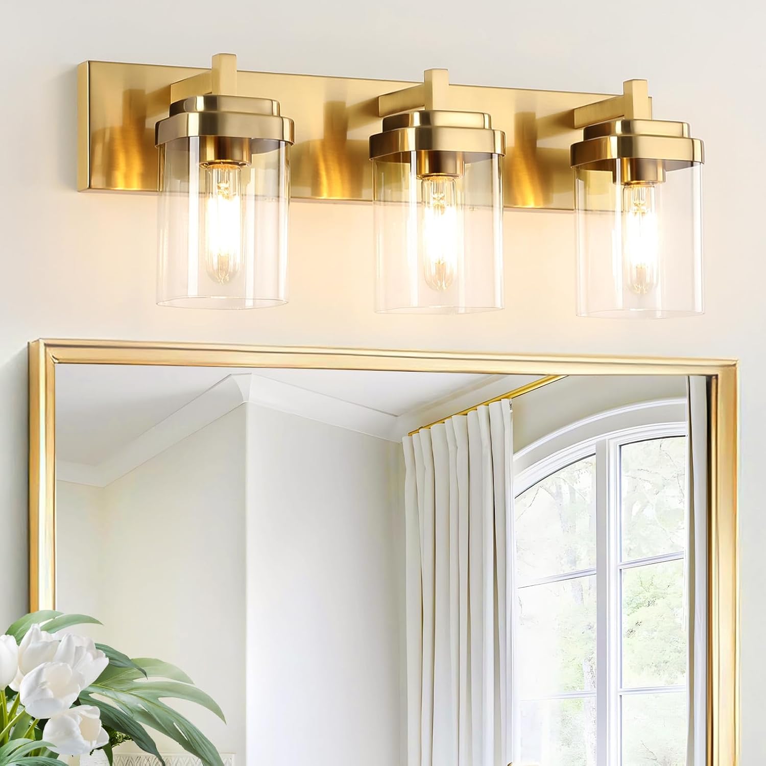 3-Light Vanity Light Fixture, Bathroom Wall Sconces, Bathroom Vanity Lighting Over Mirror | Square Clear Glass Shade | Bulbs Not Included | E26 Socket | Brushed Gold
