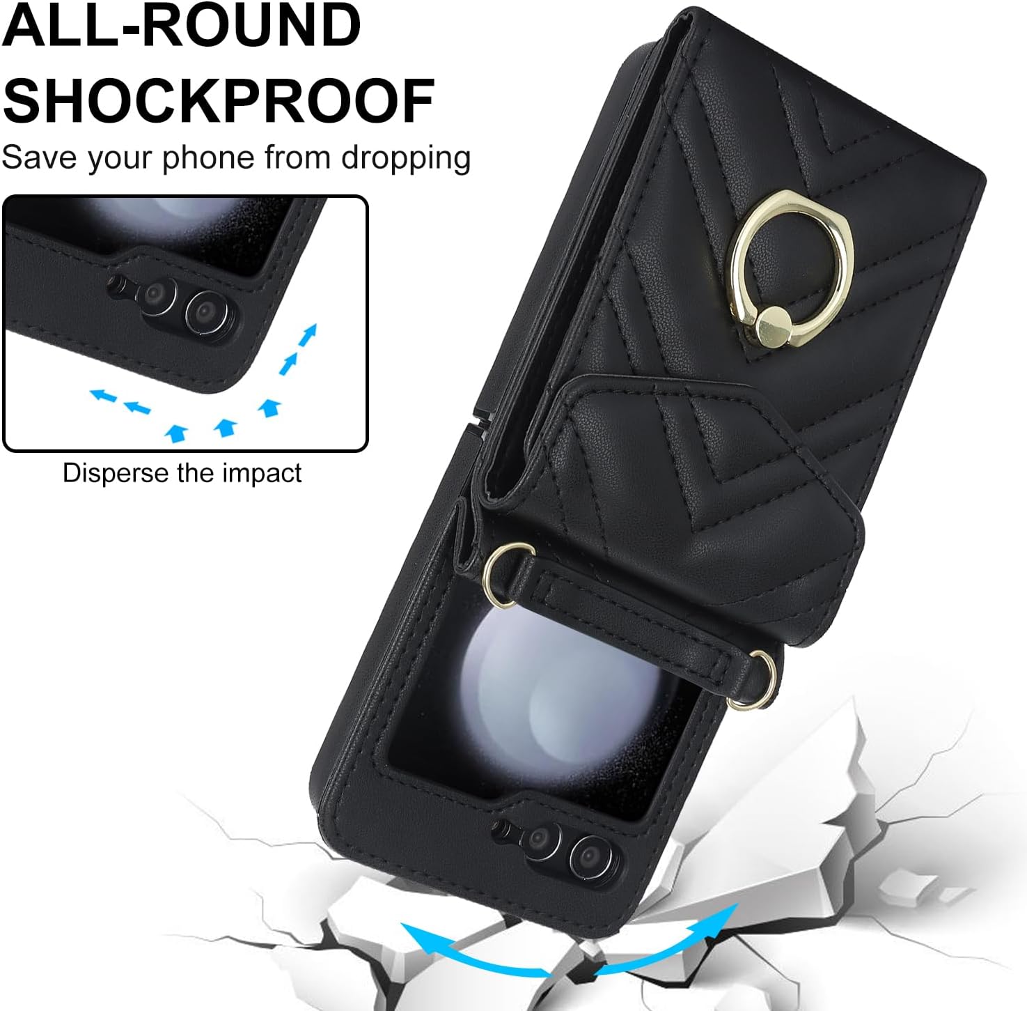 Asuwish Phone Case for Samsung Galaxy Z Flip 6 5G 2024 Wallet Cover with RFID Blocking Ring Crossbody Wrist Strap Credit Card Holder Purse Cell Accessories ZFlip6 Z6 G Flip6 6Z Women Men Girls Black