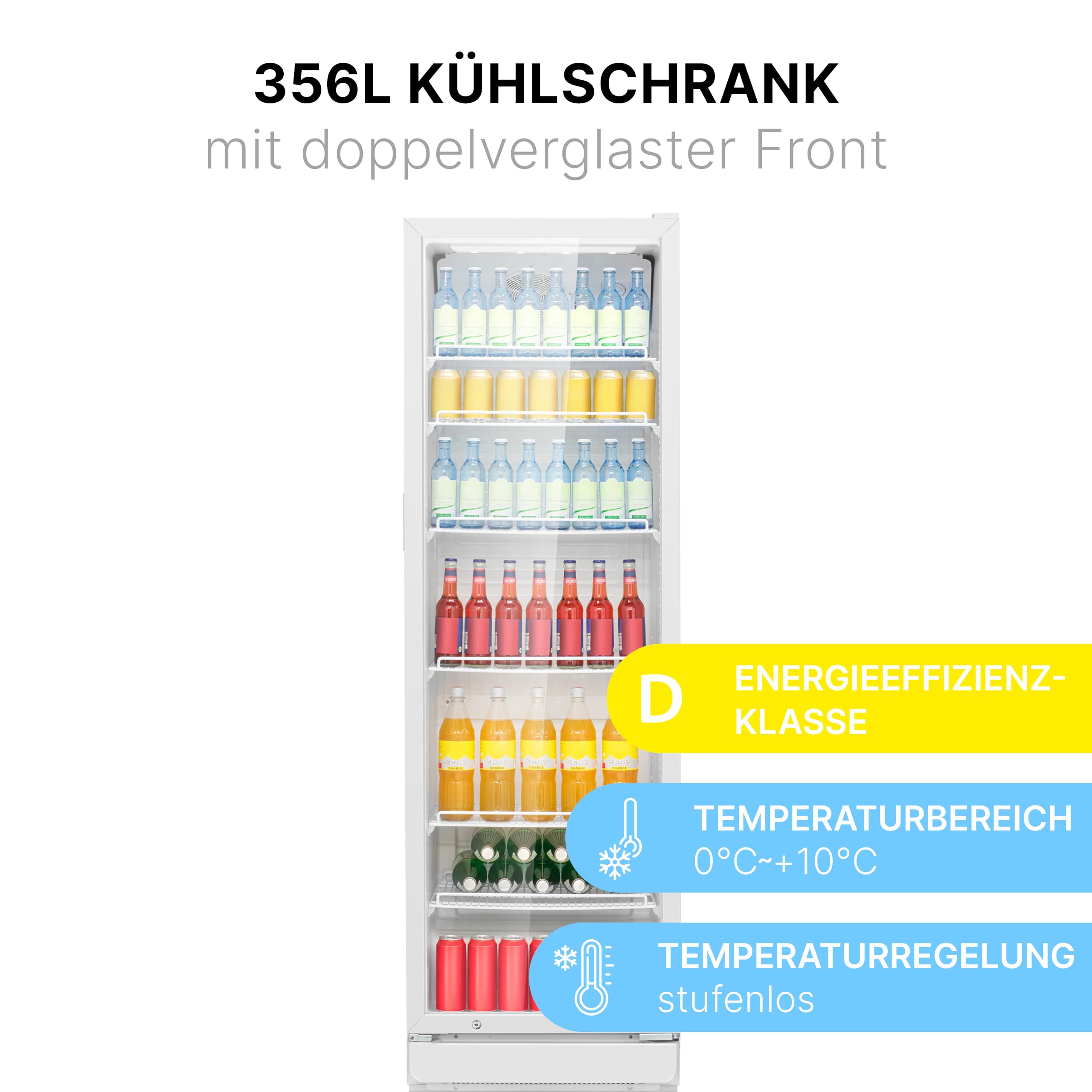 Bomann KSG 7351 Flaschenkühlschrank, 60 cm breit, 356 L, Glastür, Innenraumbeleuchtung, abschließbare Gerätetür, 6 Gitterablagen, weiß