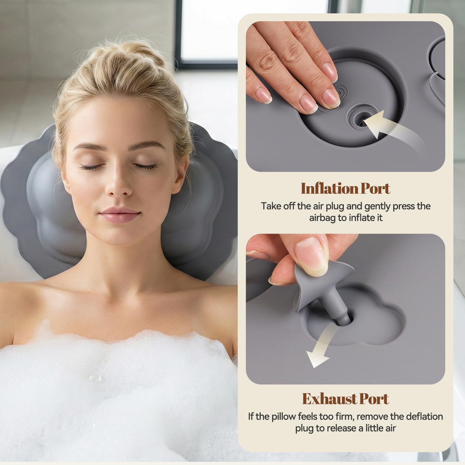 Inflatable Silicone Bath Pillow with Adjustable Head and Neck Support