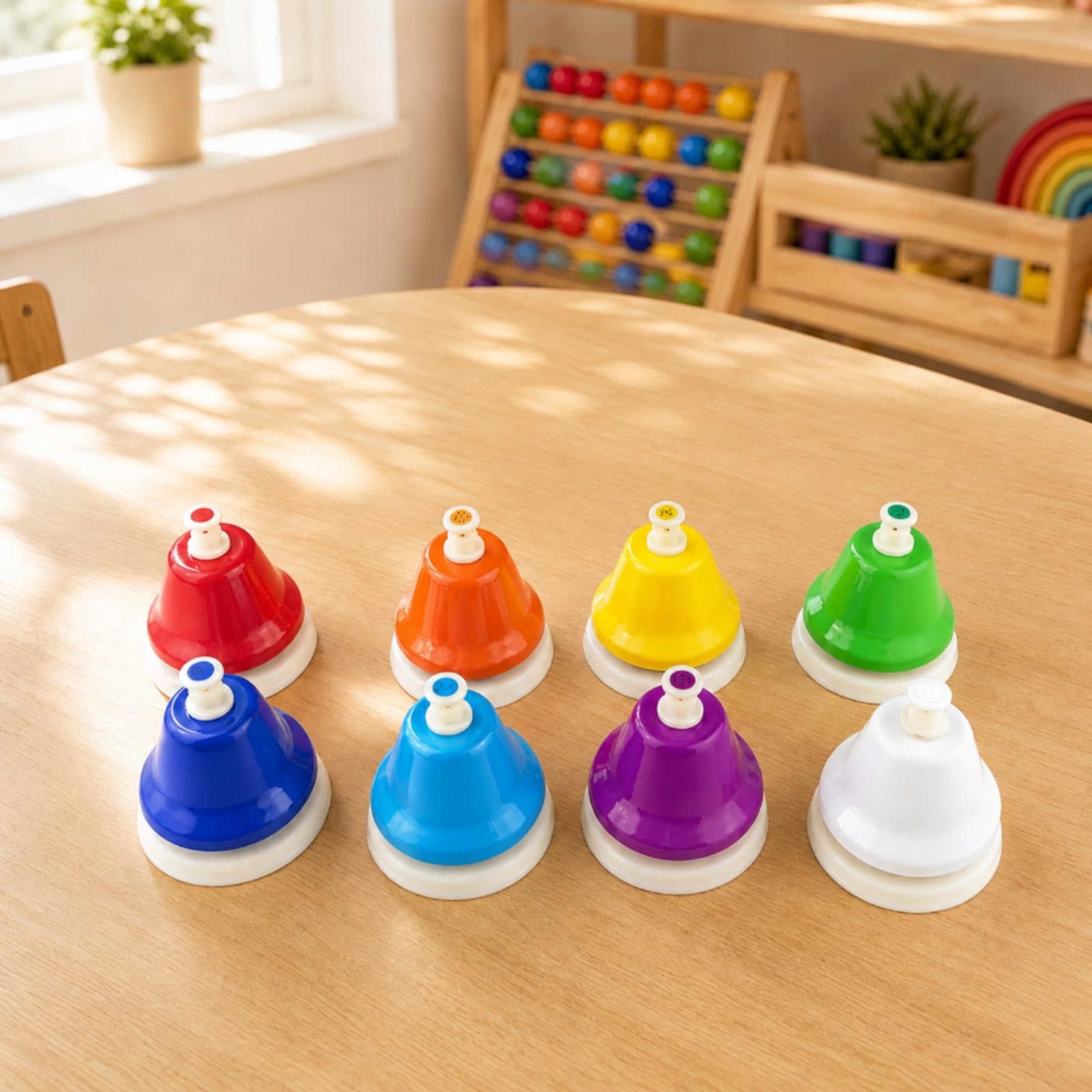 8 Pezzi Campanello Musicale con Pulsante Colorato Campana a Mano con Base Bianca Risonante per Aula Scolastica