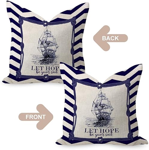 Miniatura 4 de Almohadas náuticas de playa con temática oceánica de barco de 24 x 24 pulgadas, arpillera de lino, funda de almohada rústica bajo el mar, pulpo,