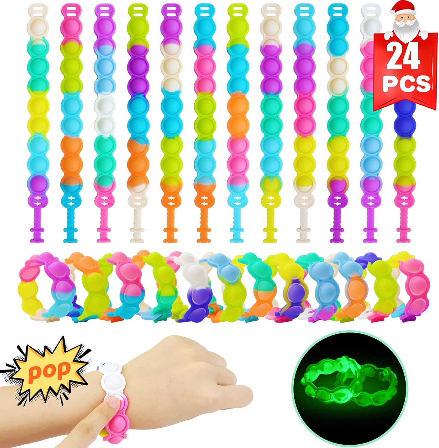 TOANWOD 24PCS Pop Bracelet Fidget Toys Pack, Glow in The Dark Party Bag