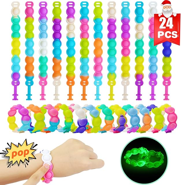 TOANWOD 24PCS Pop Bracelet Fidget Toys Pack, Glow in The Dark Party Bag Fillers for Kids, Silicone Sensory Toys Anxiety Relief Poppet Bracelet, Birthday Party Favours
