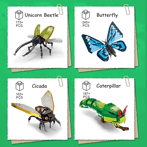 Miniatura 2 de KAZI Juego de juguetes de construcción de insectos, bloques de construcción de colección de insectos con mariposa azul realista, juguetes de