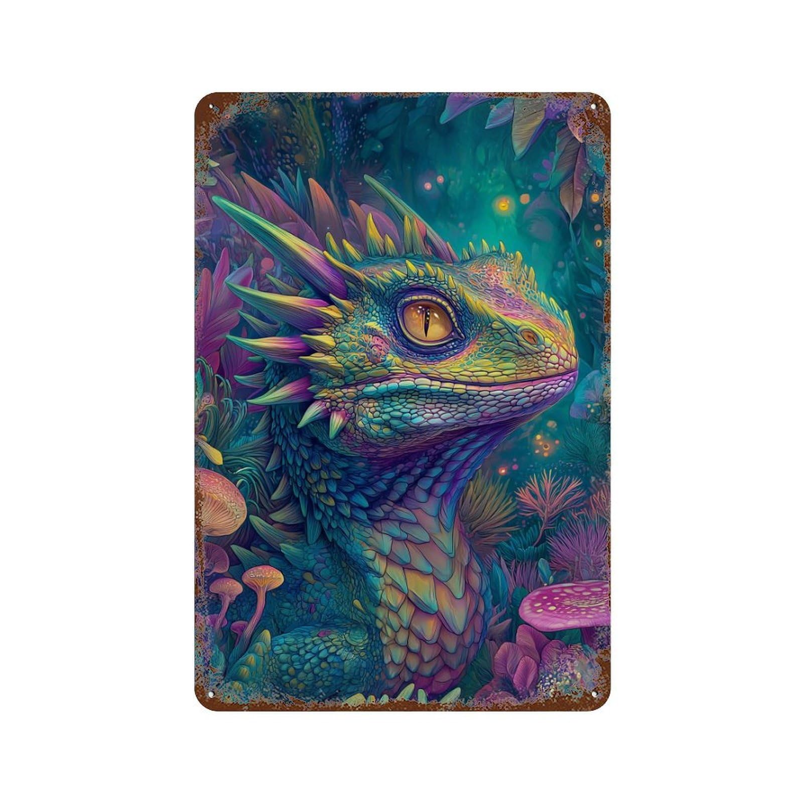 Fantasy Lizard in Enchanted Forest Rust Effect Tin Sign 11.8"x7.9", Novelty Wall Decor for Patio, Garden Room And Bar Decor