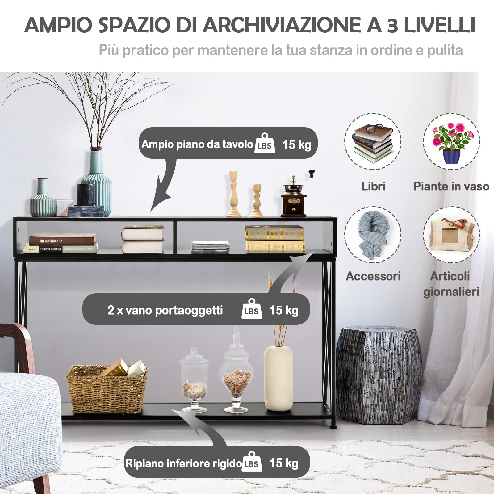COSTWAY Consolle Ingresso a 2 Livelli, Tavolo Consolle in Legno e Metallo con Ripiani e Piedini Regolabili, Tavolo d’Ingresso Stretto Moderno per Salotto e Corridoio, 120 x 23 x 79 cm (Nero)