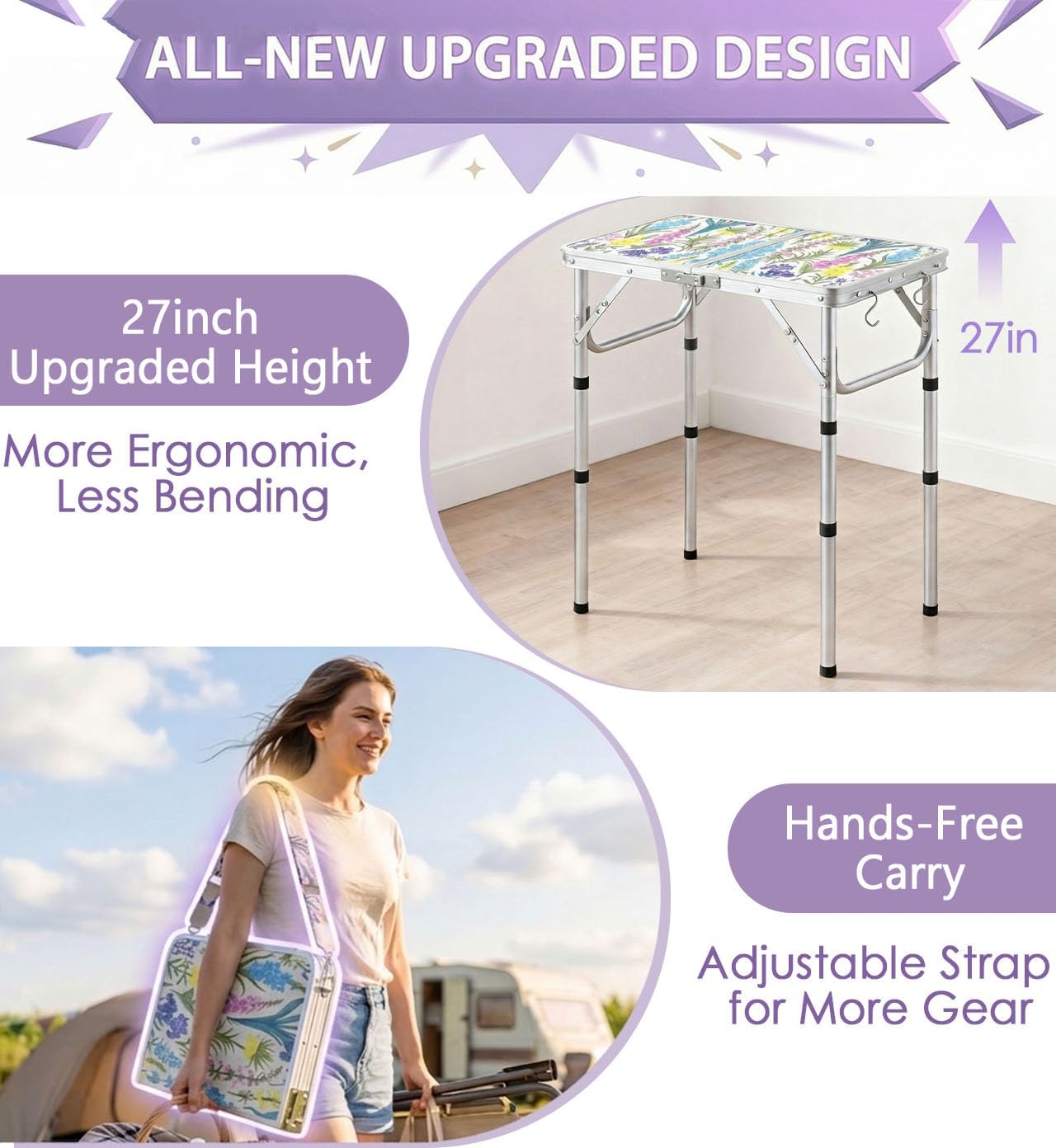 Folding Camping Table 2ft Portable Picnic Table Adjustable Height, Small Lightweight Aluminum Foldable Card Table,Hands-Free Carry for Outdoor Camp BBQ Beach (Blooming Floral with Shoulder Strap)