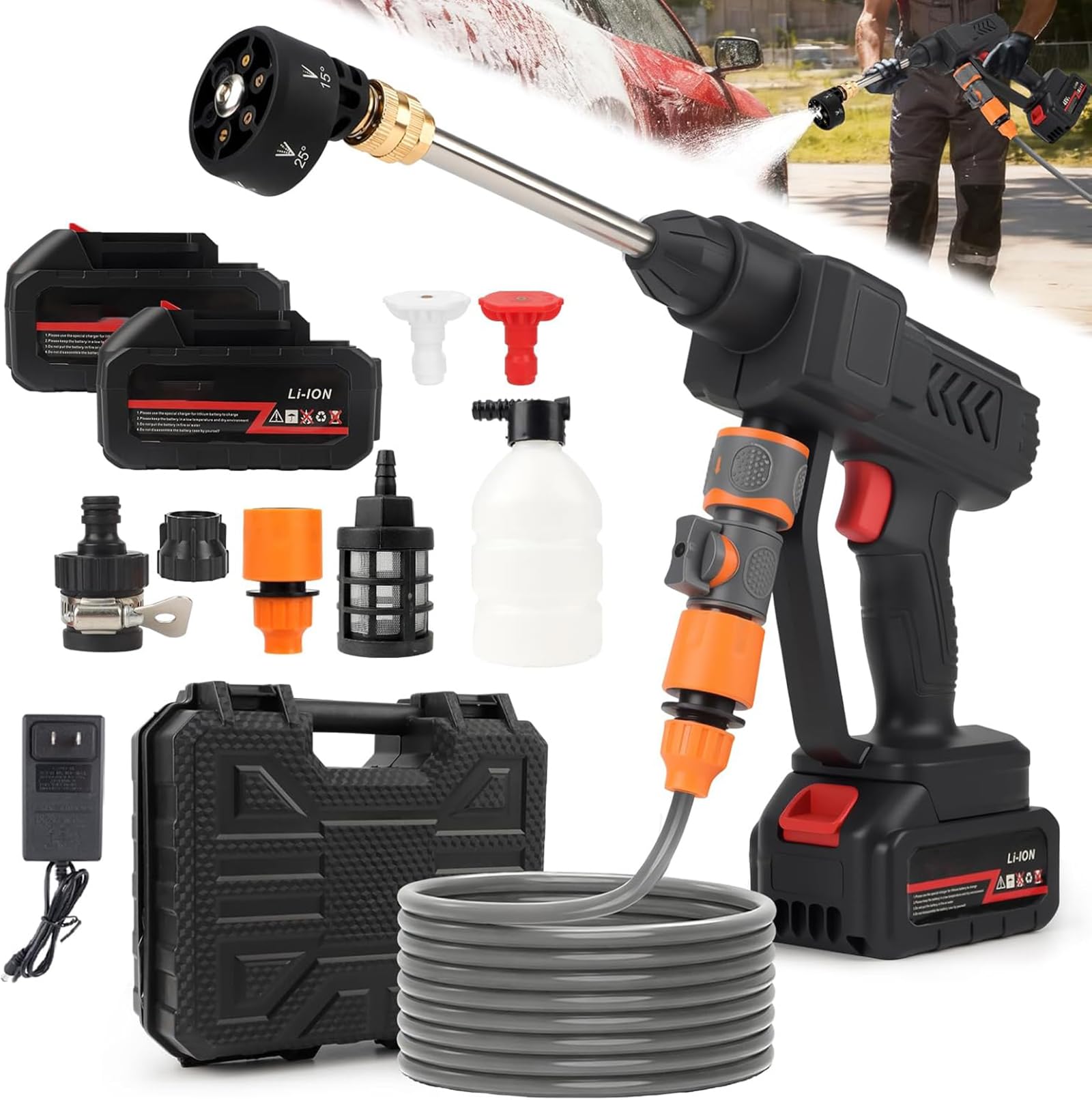 Cordless Pressure Washer, 600 PSI Portable Power Washer with 2 Batteries, 6-in-1 Nozzle & Foam Cannon, 5M Hose with Filter Basket, Handheld Jet Wash for Car, Patio, Garden, Fence, Bike Cleaning