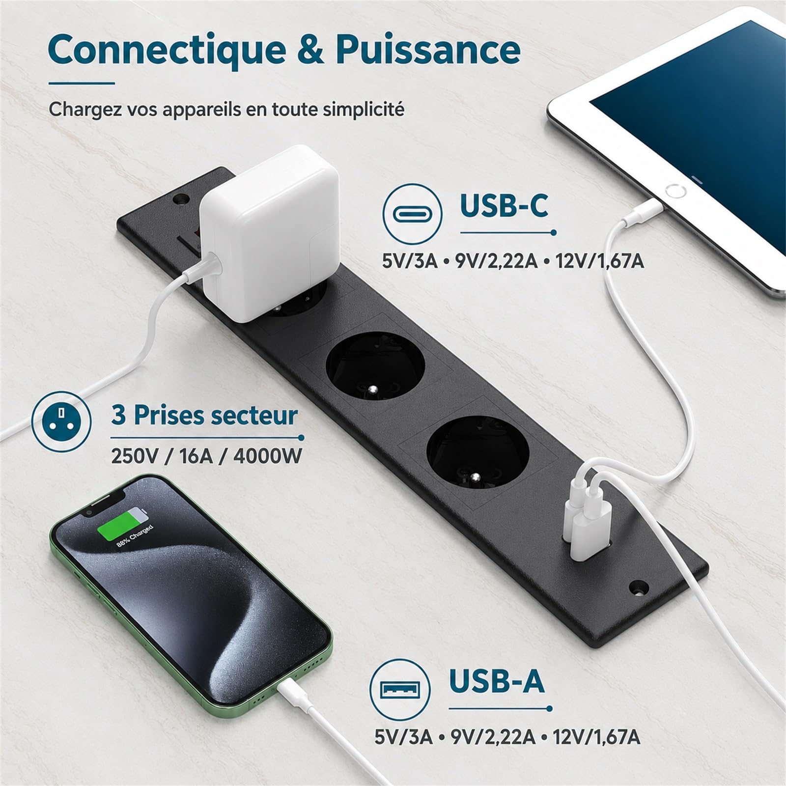 Prise Encastrable Plan de Travail, Dinolink Multiprise Encastrable avec 3 Prises, PD 20W USB A+C, Prise Electrique Encastrable avec Interrupteur de Surcharge, 16A/4000W, 2M Câble, Noir
