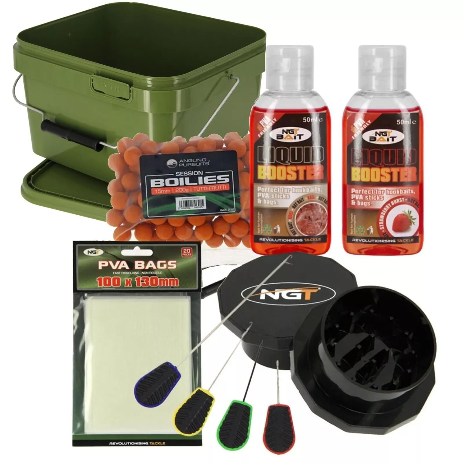 Fishing Bait Set 5L Bucket Boilies 2x Liquids Grinder Tools PVA Bags Carp Tackle