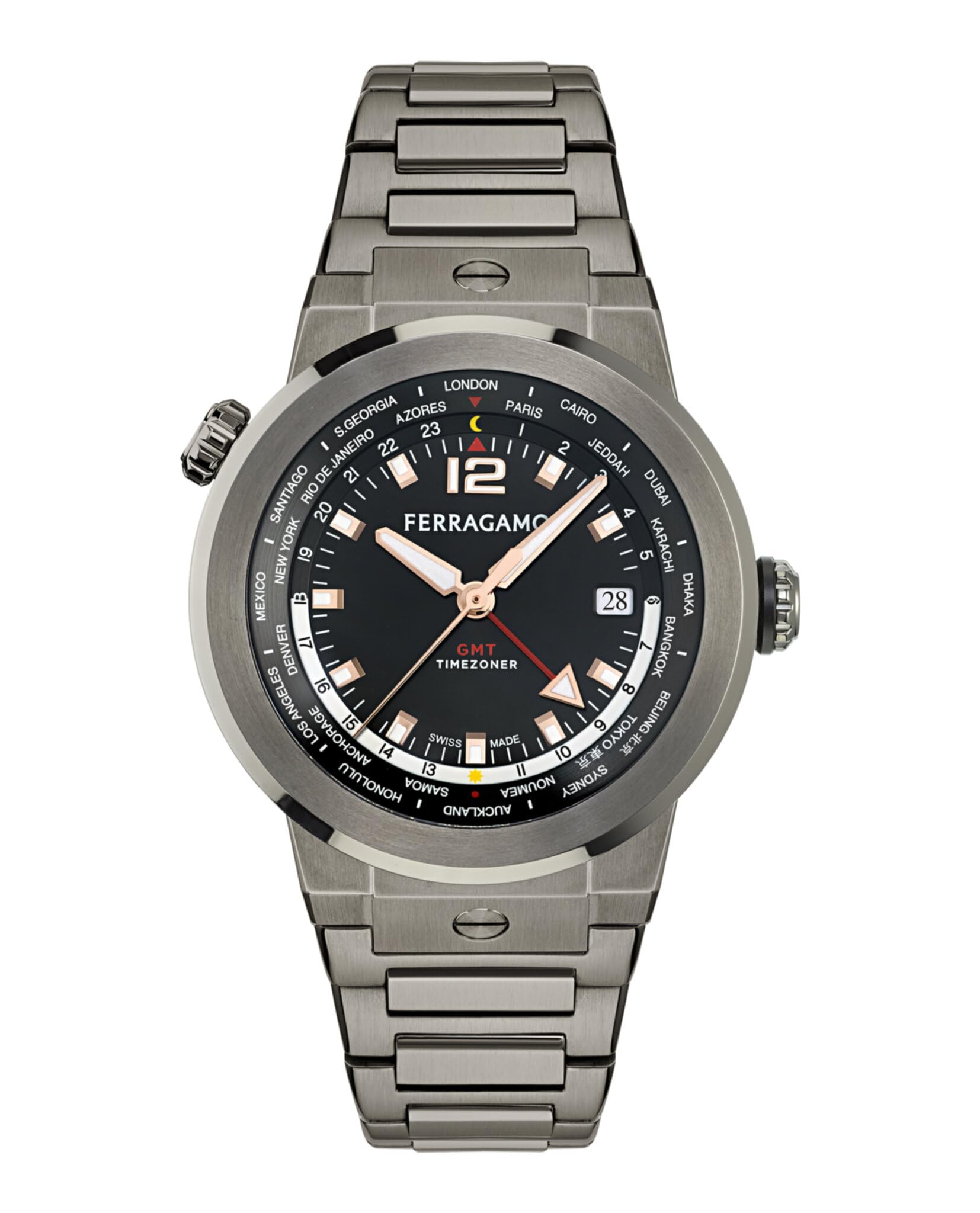 Ferragamo F-80 GMT Worldtime Collection Luxuriöse Herren-Armbanduhr mit grauem Armband mit Waffenetui und schwarzem Zifferblatt