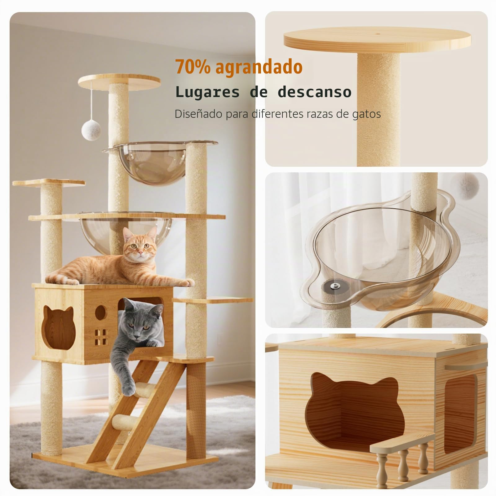 PETCUTE Rascador para Gato,Árbol para Gatos de Madera,Torre de Gato con Cápsula Espacial,Postes Rascadores, 2 Plataformas,1 Cueva, 1 Pompones,Escalera,Muebles para Gatos