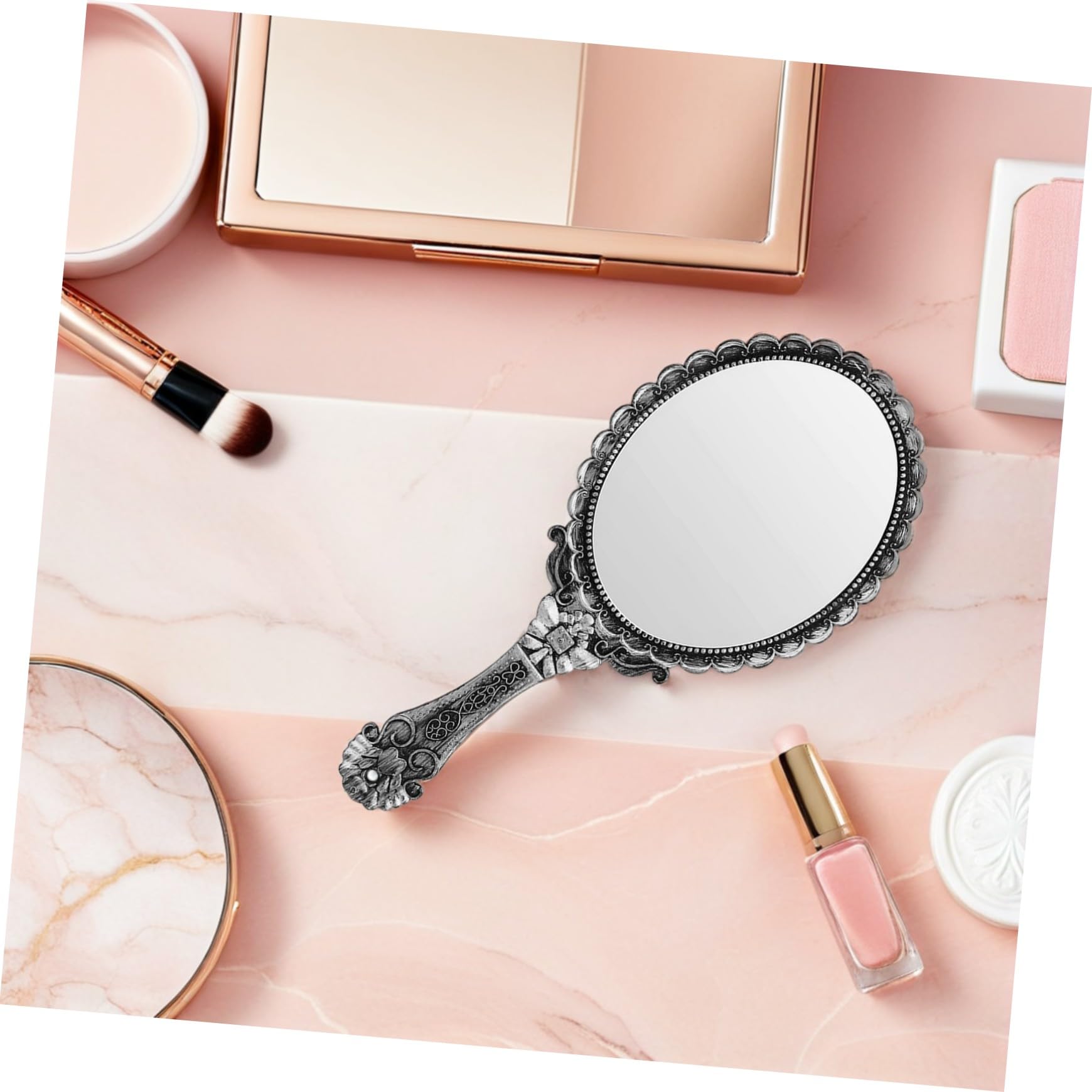 Espejo Resistente y Elegante Mujer para Maquillaje Vintage de Mano Material Abs y Vidrio Mango Cómodo para Uso en Casa y Viajes