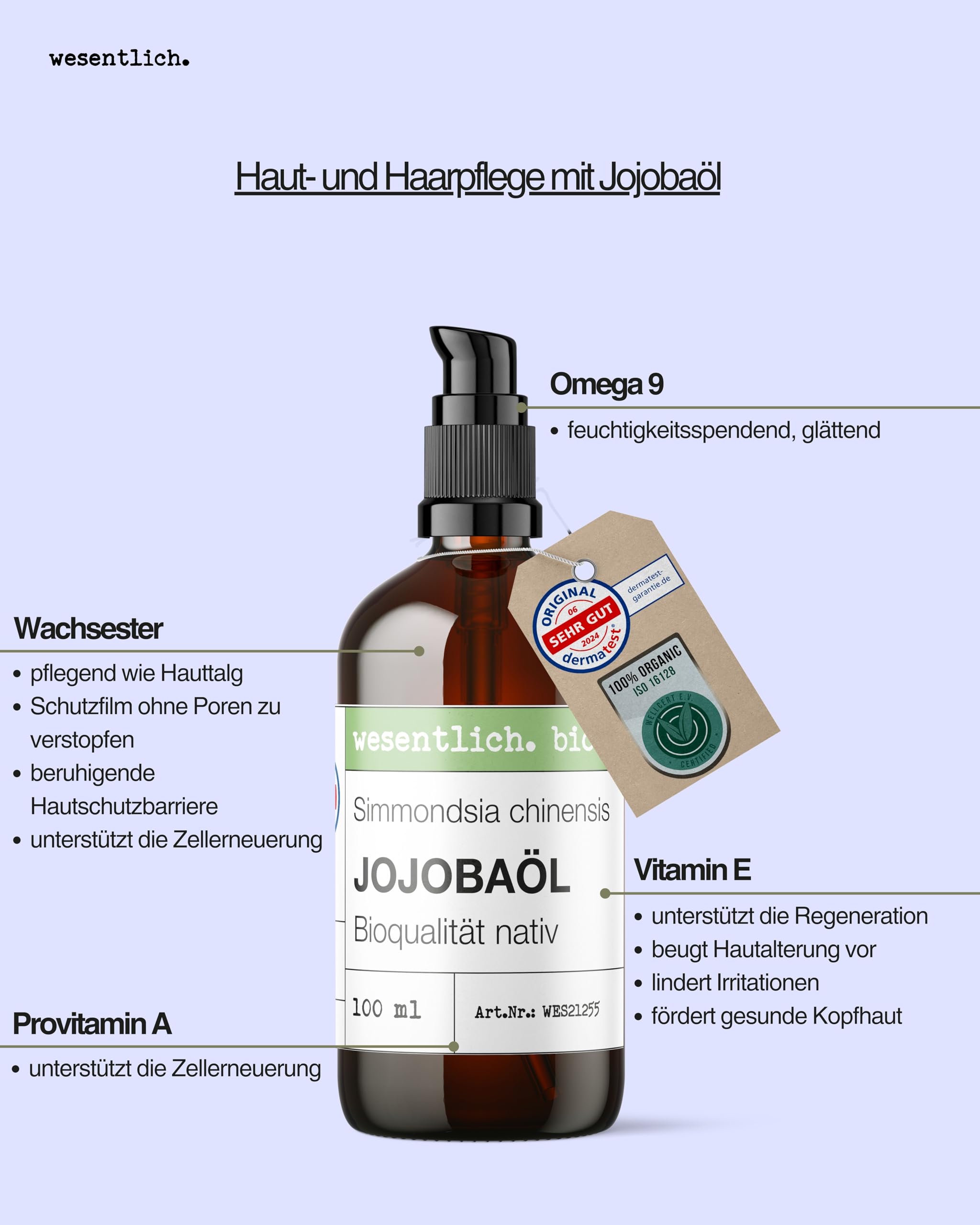 wesentlich. Bio olejek jojoba tłoczony na zimno | 100% czysty i naturalny | czysta pielęgnacja i oczyszczanie twarzy, skóry i włosów | butelka z brązowego szkła 100 ml