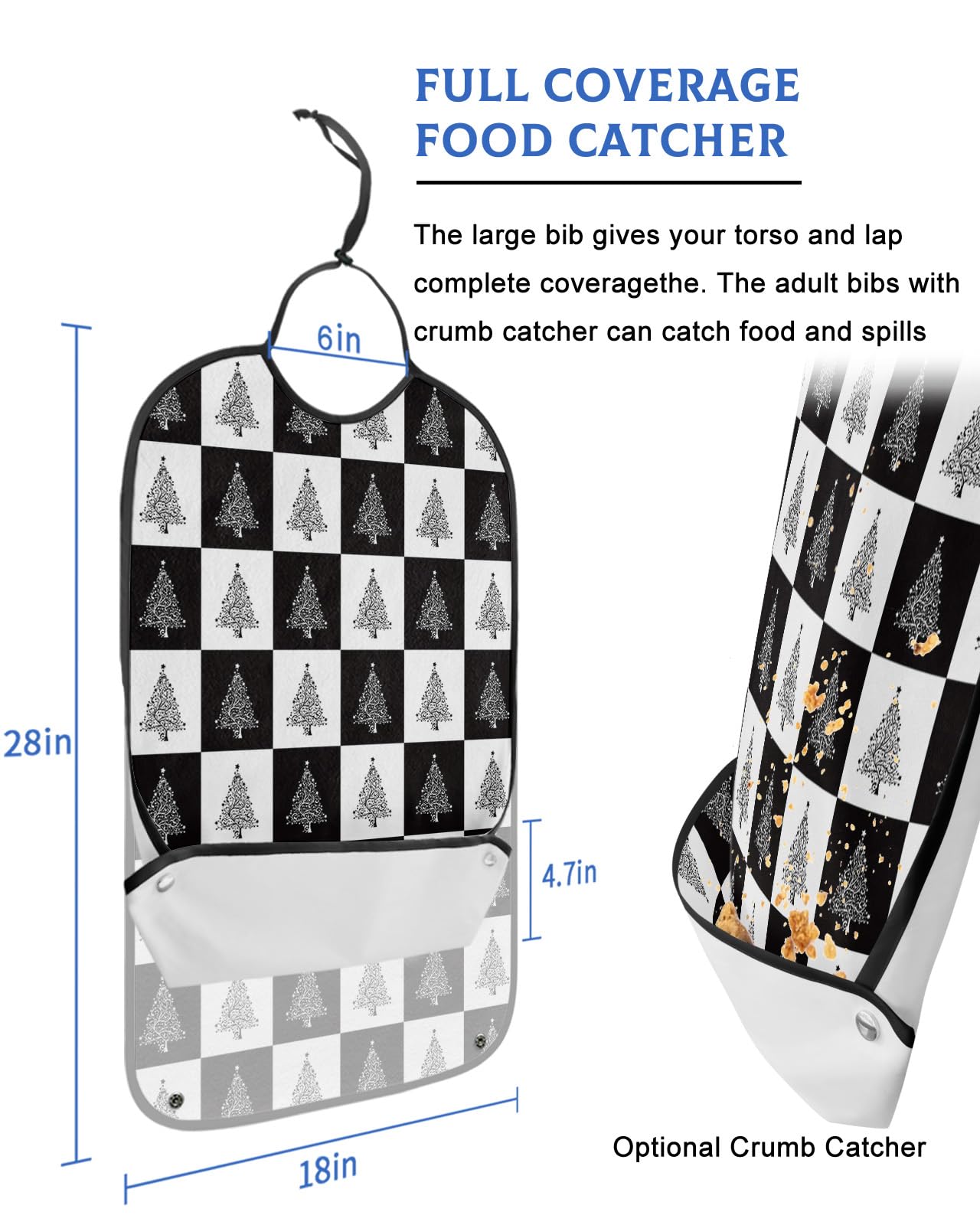 Christmas Tree Adult Bibs for Eating, Waterproof Bibs with Food Catcher & Adjustable Snap Closure, Xmas Tree Black White Checkered Washable Clothing Protectors Adult Bibs for Elderly Women/Men