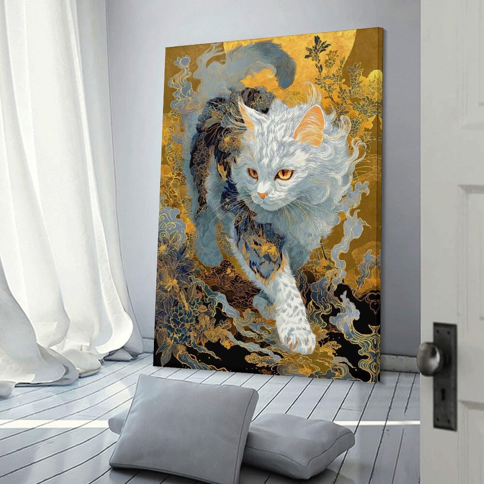 Junmoney Elegant Cat Art with Floral Accents Home Decor Wall Art 20x30inch(50x75cm), for Restful Interiors, Bedrooms Or Small Rooms, Decorative Wall Art for Cosy Rooms