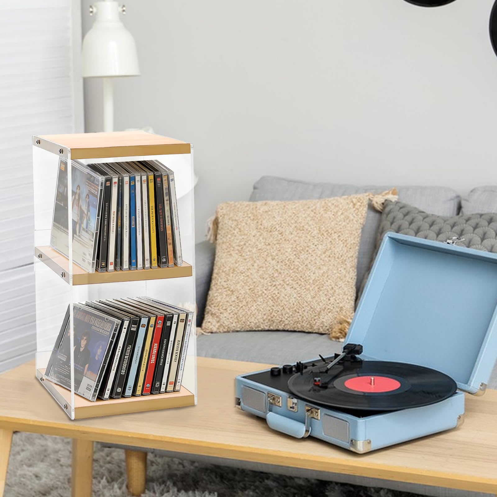 CD Holder Desk Rack Organizer, Wooden Clear Acrylic CD Holder Stand, Game Disc Display CD Organizer Desk Stand Protection Storage Cube, Fit for Theatre Room Collectibles Holds 30 CD Case — view 5