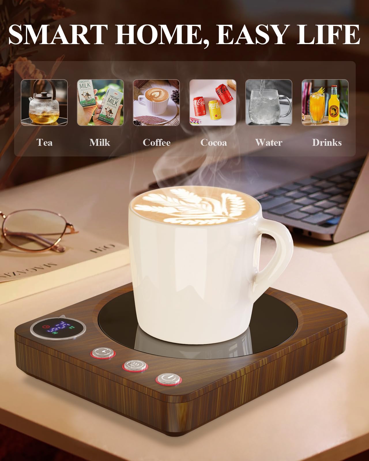 HOMEASY Calentador de Tazas, 30W para Tazas Eléctrico con 3 Configuraciones de Temperatura 4H Apagado Automático para Escritorio Agua Caliente Té Leche Calentador Regalo Marrón