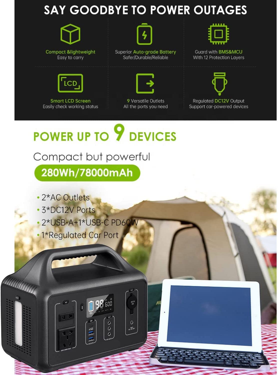 Station d'alimentation portable 560 Wh 156 000 mAh, bloc d'alimentation de camping 600 W, alimentation de stockage d'énergie portable avec prise CA/CC/USB/Type C pour camping, camping-car, panne de