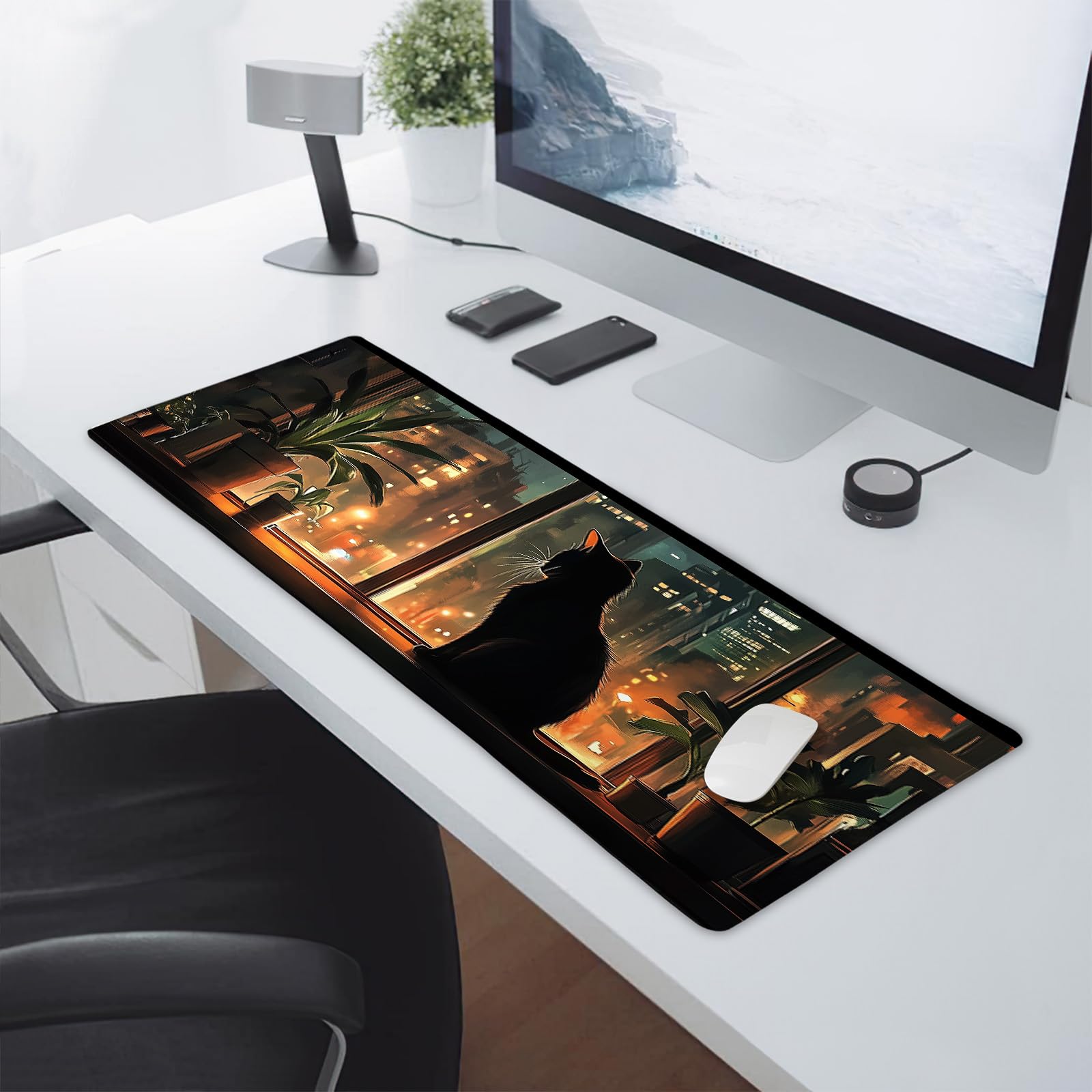 Pink Cute Bats Gaming Mouse Pad XL Pastel Purple Witchcraft Extended Big Large Desk Mat Non-Slip Rubber Base Stitched Edge Long Keyboard Mousepad for PC Computer Laptop,31.5×11.8 in: Black Cat Gaming Mouse Pad XL Anime Green Plant Night Extended Big Large Desk Mat Non-Slip Rubber Base Stitched Edge Long Keyboard Mousepad for PC Computer Laptop,31.5×11.8 in