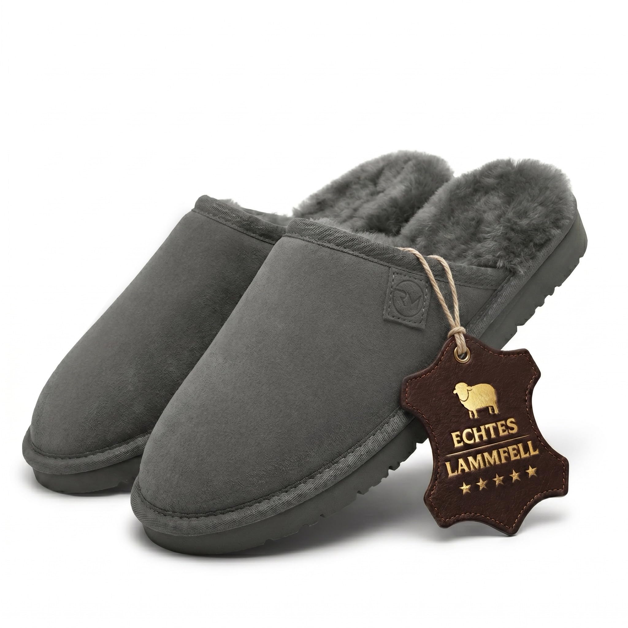 Rohn Moden Lammfell Hausschuhe Herren – Loisl – Warme Hausschuhe Herren mit Schaffell & rutschfester EVA-Sohle – Winter Pantoffeln für zuhause – Slipper gefüttert - Braun Grau