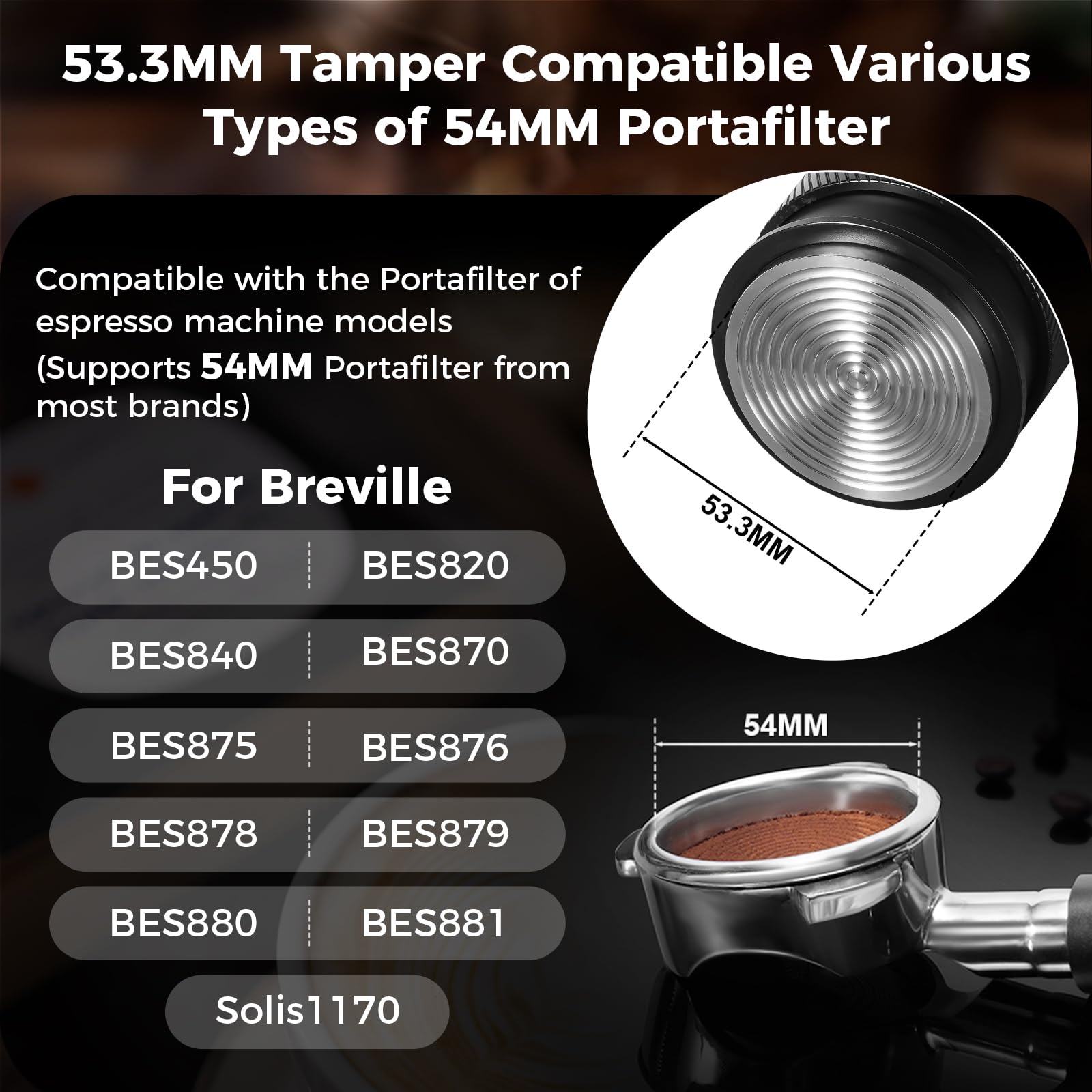 IKAPE Coffee Products, manipulador de espresso de 53 mm, prensador calibrado de café barista premium con carga de resorte, 100% acero inoxidable compatible con portafiltro Breville sin fondo de 54 mm