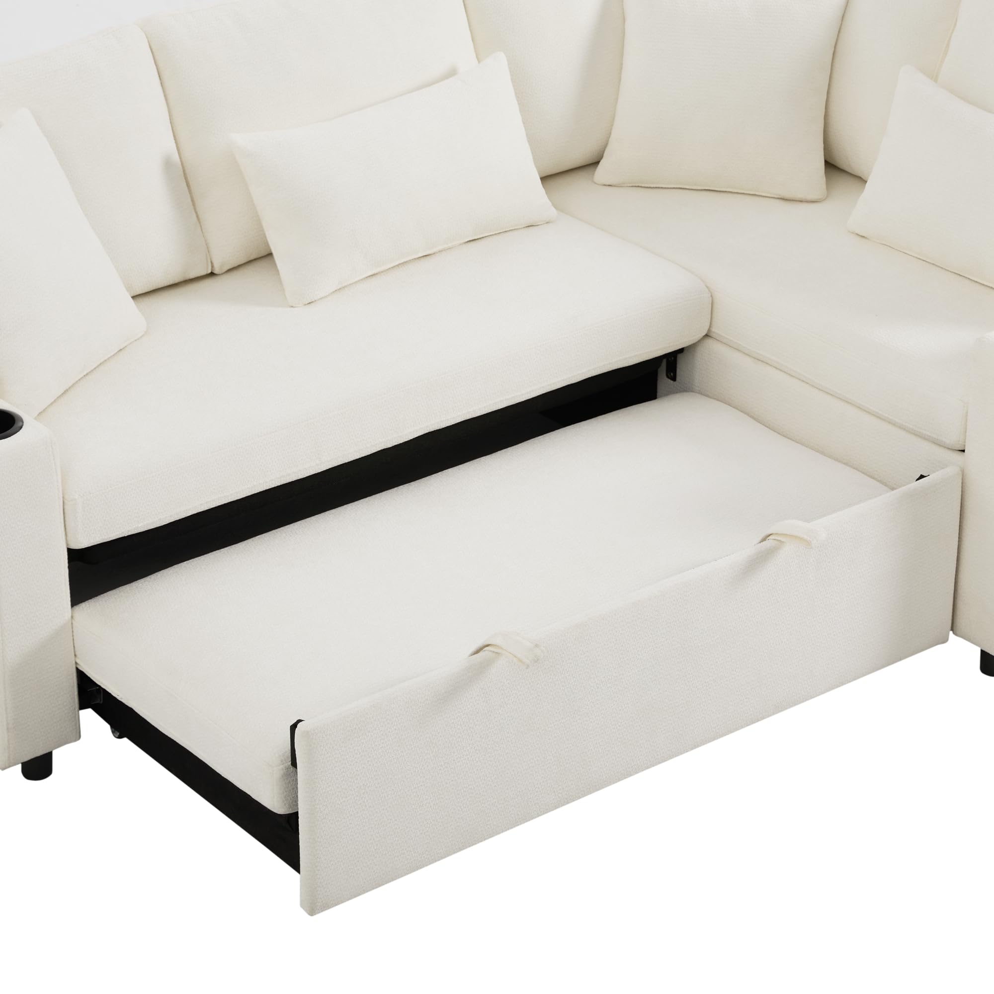 Mrwoo Sofa Esquinero L Extensible Convertible con Almacenamiento, Sofá Cama de 4 Plazas con Puerto-USB, Portavasos, Tela Chenille (Beige)