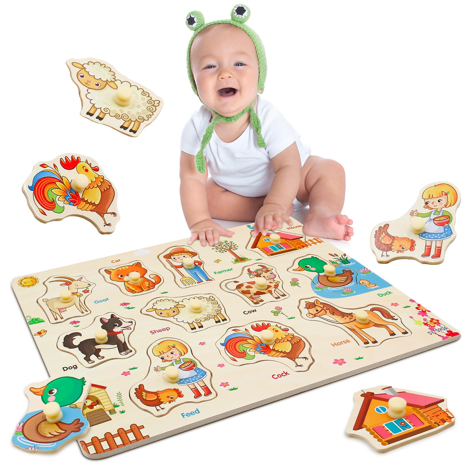 Wooden Puzzles for 3 Year Old, Chunky Peg Toddler Puzzle, Montessori Toys with Safe Non-Toxic Animal Theme, Educational Gift for Boys Girls Age 2-4 (Farm)